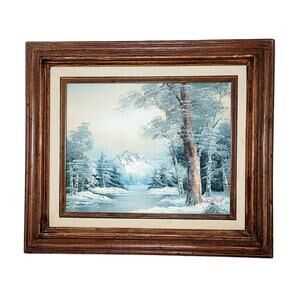 Vintage Irene Cafieri Original Oil Painting Mountains Winter Snow Trees River